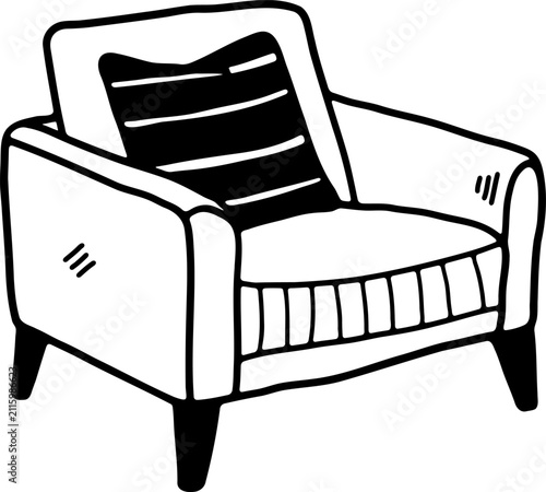 black and white illustration of a Armchair and throw pillow