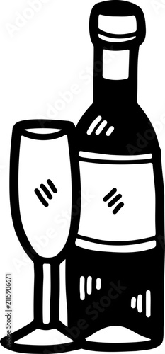 black and white illustration of a Wine and wine glass