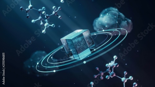 Cube rotates within orbital rings surrounded by floating molecular structures representing advanced scientific research.