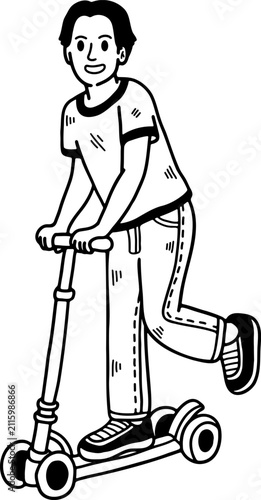 black and white illustration of a A boy riding a scooter