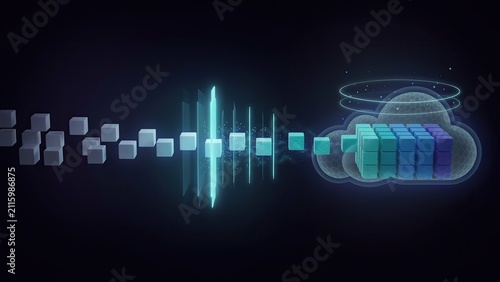 Cloud storage system visualizes stream of data cubes flowing through a digital portal for secure information transfer.