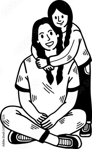 black and white illustration of a Daughter hugging mother neck