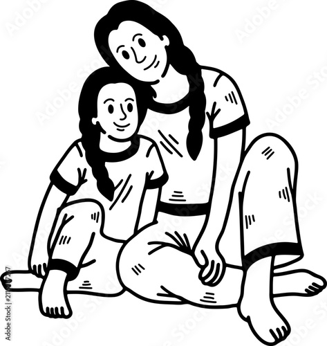 black and white illustration of a Mother putting her arm around daughter shoulders