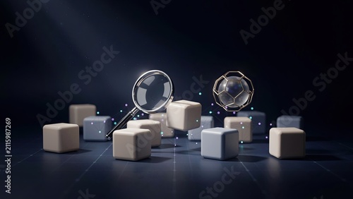 Magnifying glass examines floating geometric cubes to analyze data patterns in a dark technological space.