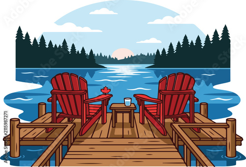 Red Adirondack Chairs on Lake Wooden Dock Landscape Vector Illustration