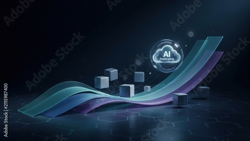 Artificial intelligence cloud icon floats above a dynamic flowing wave of data streams on a dark background.