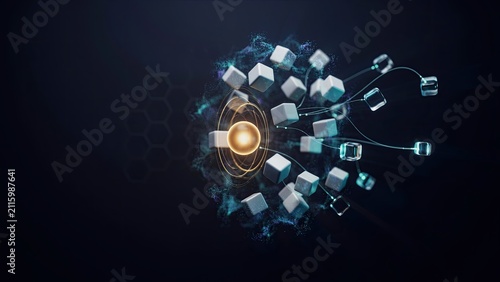 Cubes orbiting a glowing central core represent complex data points organized within a high tech digital network.
