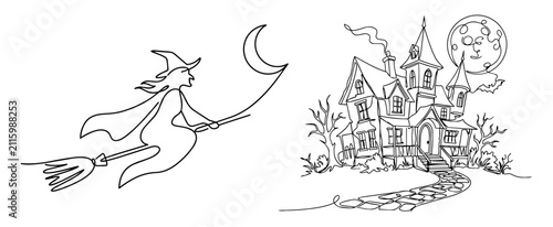 Halloween line art vector set, flying witch on broomstick with crescent moon, spooky haunted house with full moon and stone path, coloring page icons