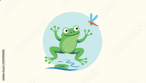 Cheerful green frog jumping near a water lily pad in a pond trying to catch a flying colorful dragonfly.