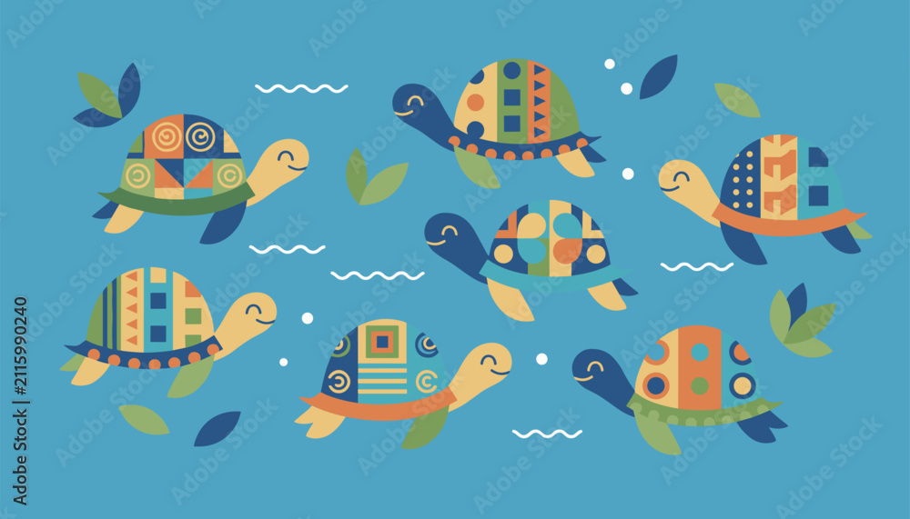 Naklejka premium Colorful sea turtles decorated with bright geometric ethnic patterns swimming together in the blue ocean.