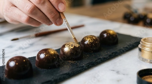 Chocolatier painting intricate gold patterns on dark chocolate pralines, artisanal confectionery craftsmanship, luxury gourmet sweets preparation, professional pastry chef work.