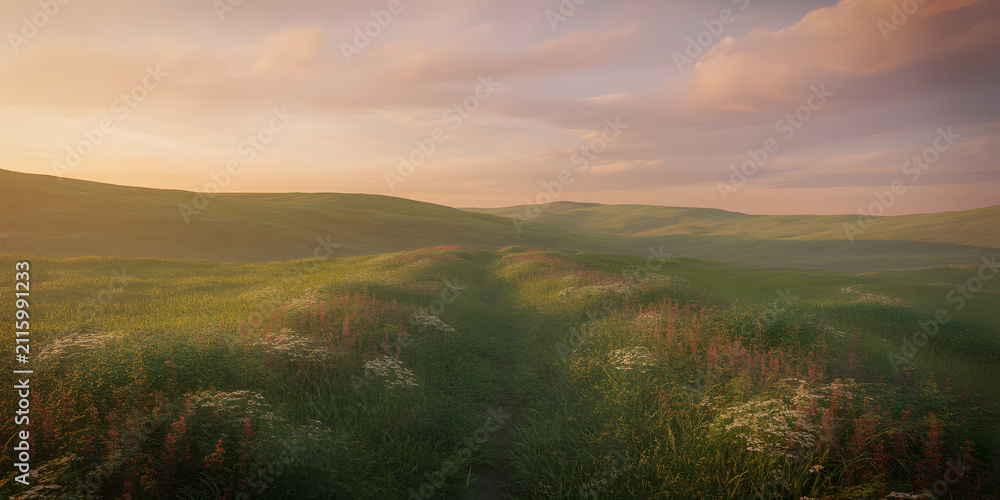Obraz premium Vibrant green rolling hills stretch under a pastel sunset sky with light clouds.