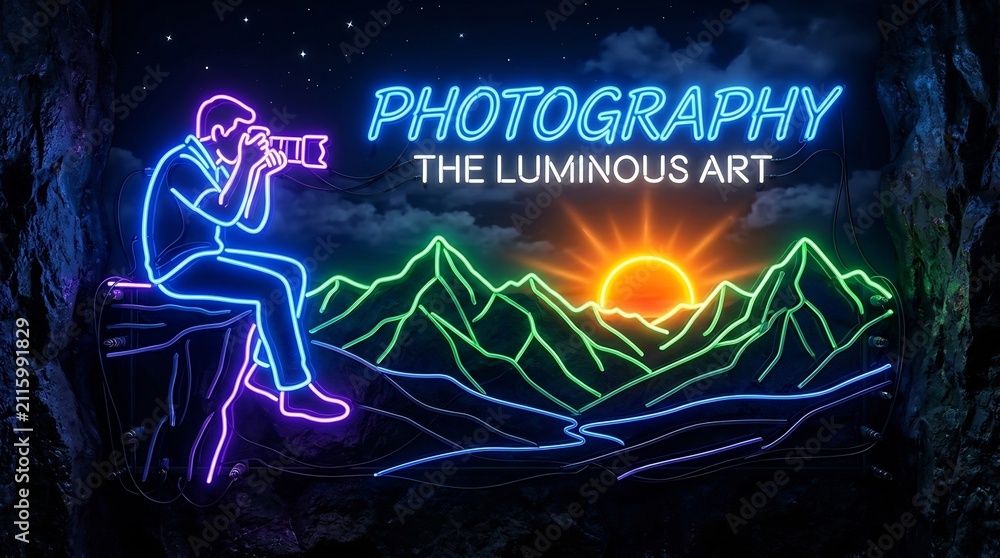 Obraz premium Neon photographer silhouette capturing glowing mountain sunrise, luminous art concept for World Photography Day, creative digital illustration with vivid electric outlines.