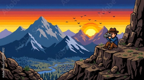 Pixel art photographer captures mountain sunset from cliff. Retro 8-bit nature landscape for World Photography Day adventure.