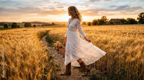 Woman in white lace dress walks through a golden wheat field at sunset.