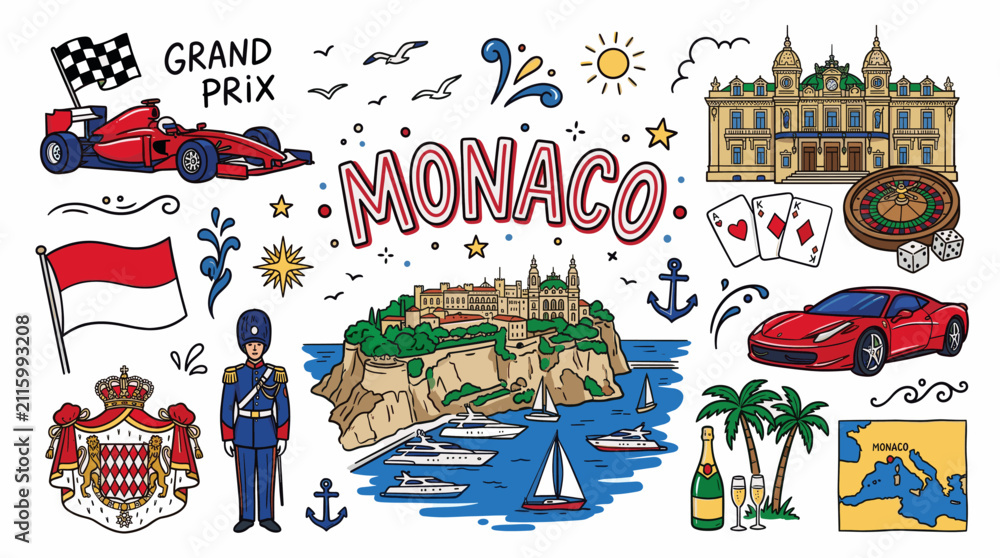 Obraz premium Monaco Travel Doodle Illustration, Hand Drawn Luxury City Landmark Sketch with Formula 1 Icons