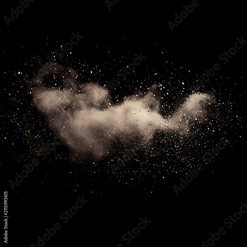 dust explosion isolated on black background, scattered powder and tiny debris texture.