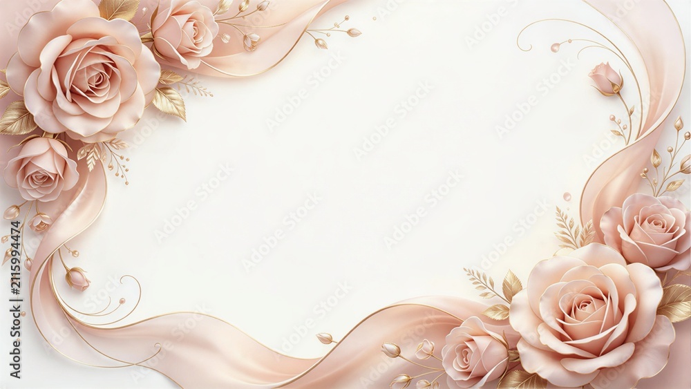 Fototapeta premium Elegant floral border frame made of soft pink rose flowers with golden leaves, sweeping lines of slender vines and flowing elegant ribbons, clean white background, romantic graceful botanical backdrop