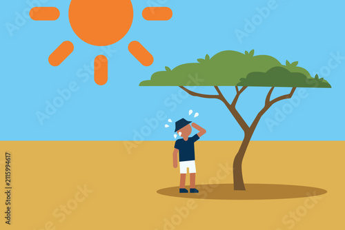Sweaty Man Seeking Shade Under Tree In Hot Sunny Desert Summer Heat