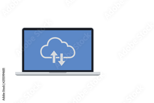 Business Cloud Sync And Backup Concept On Laptop Screen With Upload And Download Arrows