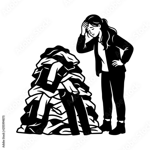 Stressed Woman Looking at Huge Pile of Clothes Vector Illustration - Laundry Overwhelmed Line Art Icon