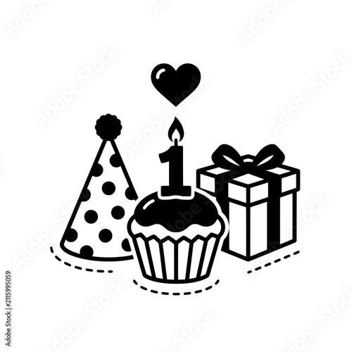 First Birthday Cupcake with Number One Candle Party Hat and Gift Box Vector Illustration - 1st Year Anniversary Line Art Icon