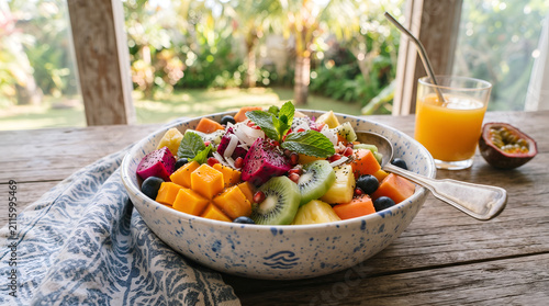 Colorful tropical fruit bowl with mango, dragon fruit, kiwi, pineapple, papaya, fresh mint leaves, bright natural sunlight, healthy breakfast concept