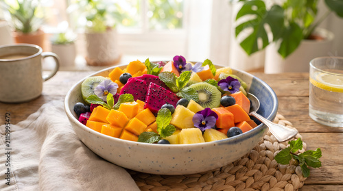 Colorful tropical fruit bowl with mango, dragon fruit, kiwi, pineapple, papaya, fresh mint leaves, bright natural sunlight, healthy breakfast concept