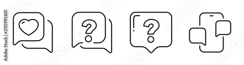Feedback and question icons displayed in speech bubble set. Editable stroke