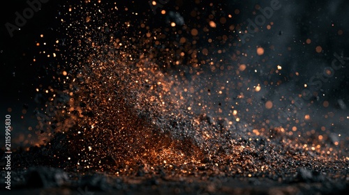 Glowing embers and ash particles on black background