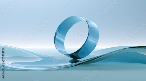 Blue reflective loop floating over glass wave landscape