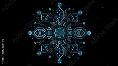 Neon circuit mandala on black background