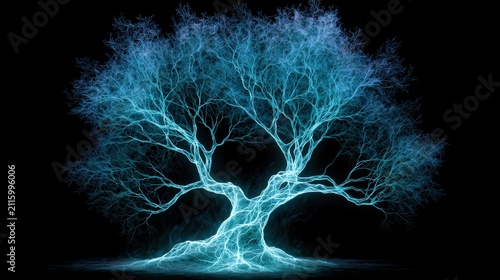 Glowing tree with luminous branches on black background