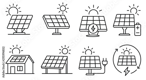 Solar Energy Outline Icon Set with Solar Panel Rooftop System Battery Storage Home and Renewable Power Vector Collection