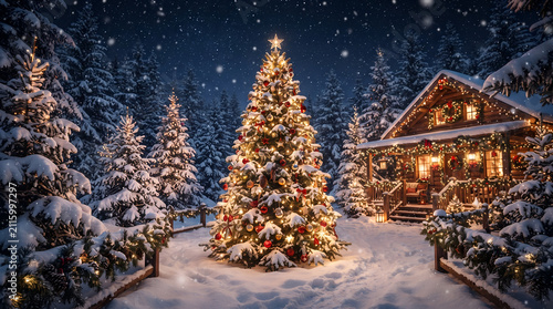 christmas tree in the snow, Christmas background. Xmas tree with snow decorated with garland lights, holiday festive background. Widescreen frame backdrop. New year Winter art design, Christmas scene