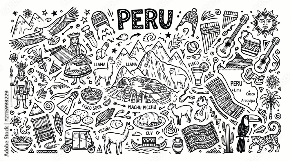 Fototapeta premium Peru Travel Doodle Illustration, Hand Drawn Cultural Heritage Sketch with Ancient Symbols