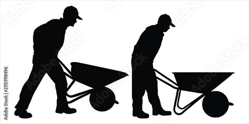 фотографія Silhouettes of two men pushing wheelbarrows on a white background worker