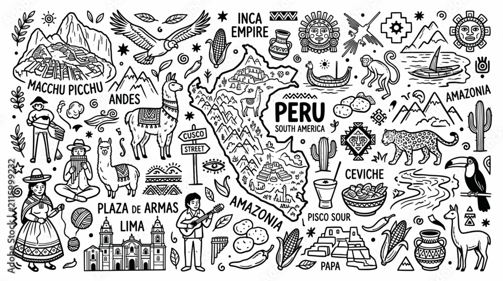Obraz premium Peru Travel Doodle Illustration, Hand Drawn Cultural Heritage Sketch with Ancient Symbols