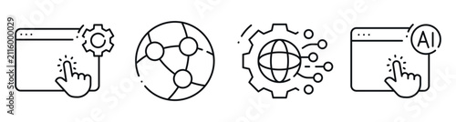 Web technology icons showing connectivity and automation tools. Editable stroke
