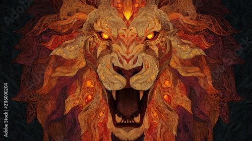 Tribal Lion Head: Abstract Flame Portrait in Fiery Colors
