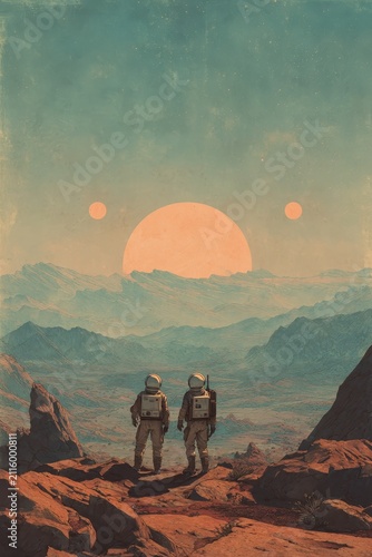 Two male astronauts in a vintage sci-fi illustration on an alien world, domed helmets and muted retro colors