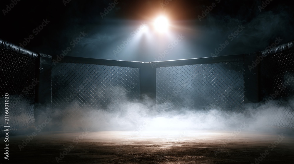 Obraz premium Dramatic empty arena fighting cage with bright stage lights and mystical fog for intense combat sports events and fierce competition in a professional setting