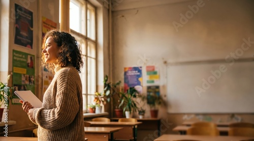 Happy multiracial female educator with curly hair and notebook in sunny classroom, neurodivergent teacher.