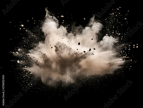 dust explosion isolated on black background, scattered powder and tiny debris texture.