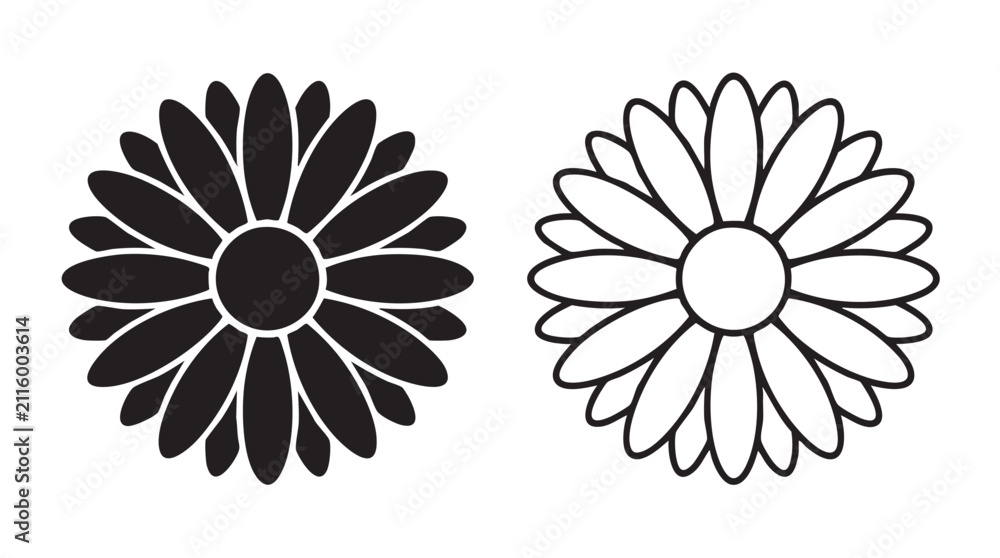 Fototapeta premium daisy black silhouette and outline art vector icon featuring flower, white, plant