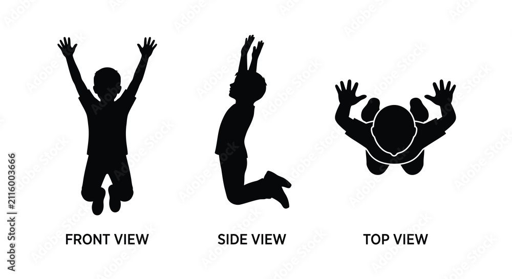 Fototapeta premium Three black silhouettes of a jumping child in different perspectives against a white background silhouette figure person youth