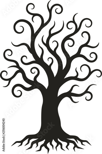 Spooky black silhouette of a twisted dead tree with curly branches and roots for Halloween vector design.