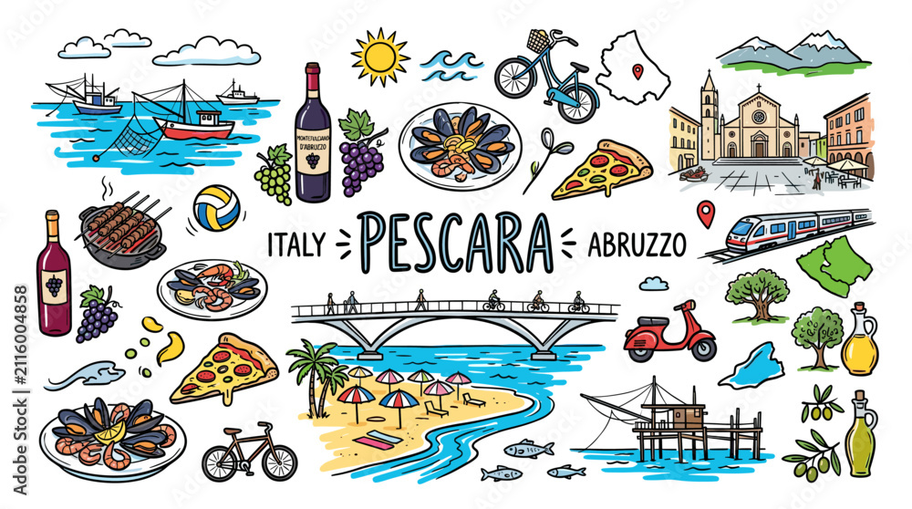 Obraz premium Pescara Italy Travel Doodle Illustration, Colorful Hand Drawn Adriatic Coast Sketch