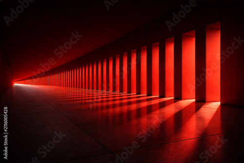 Modern architectural corridor illuminated by vibrant red lighting with strong perspective lines and reflective flooring. Ideal for architecture, futuristic interiors, technology, luxury, innovation, a