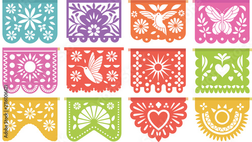 Mexican Papel Picado Banners Set, Traditional Dia de los Muertos Cut Paper Party Flags Vector Illustration